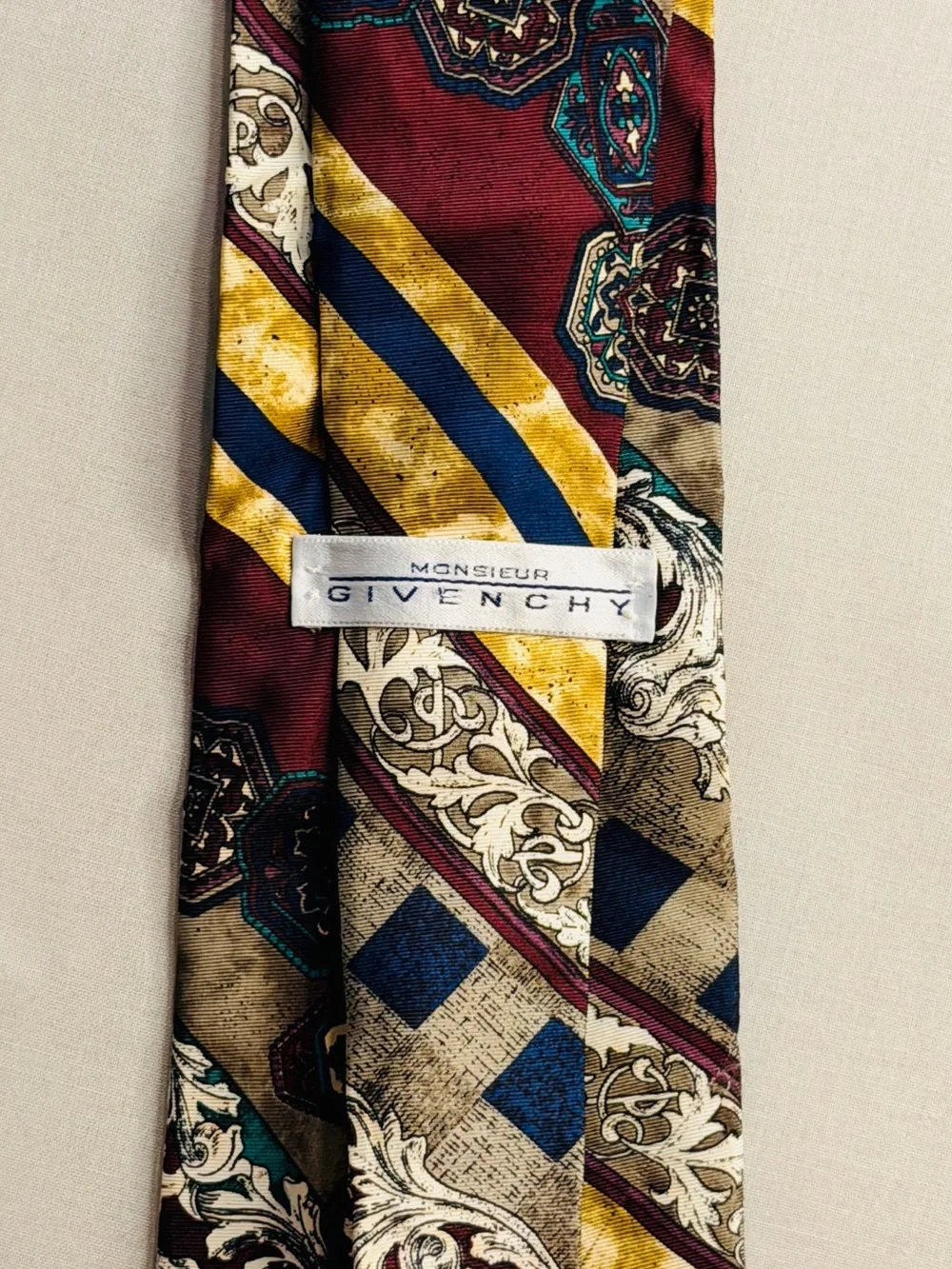Givenchy Burgundy Navy Gold Patterned Silk Tie
